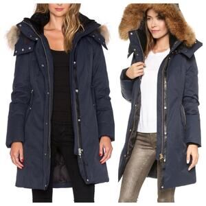 Mackage Kerry Navy Down Coat Fur Hood Longline Parka Winter Jacket XS